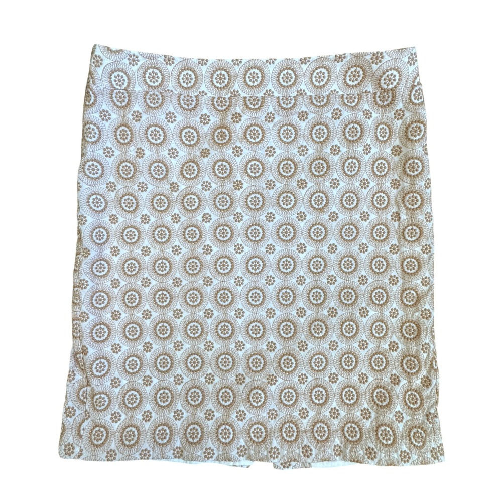 Ann Taylor Tan White Medallion Embroidered Cotton Pencil Skirt Sz 12 Office Wear